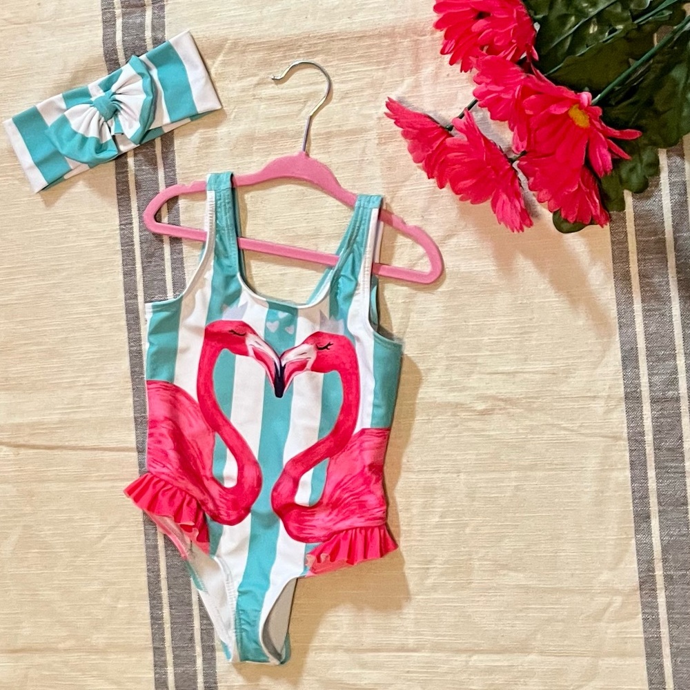 Little girl flamingo swim suit with matching bow; size 4/5 year